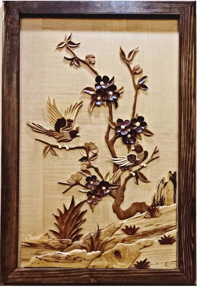 تابلو معرق منبت پرنده و گل با قاب چوبی TM02 ماه آرا